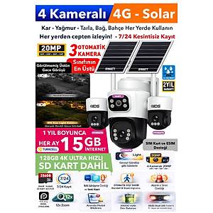  4 Kameral� 3 Otomatik 20MP 4G G�ne� Enerjili Solar G�venlik Kameras� 180GB �nternet 128GB SD Kart