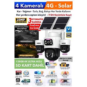  3 Otomatik 4 Kameral� 20MP 4G G�ne� Enerjili Solar G�venlik Kameras� Gece Renkli 128GB SD Kart