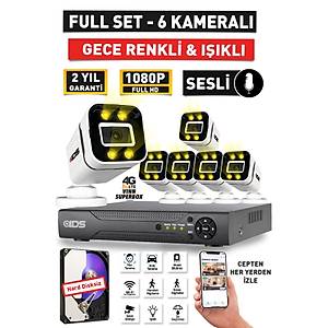 SESL� - 6 KAMERALI FULLHD GECE RENKL� VE I�IKLI G�VENL�K KAMERASI - KAMERA SET� HARD D�SKS�Z