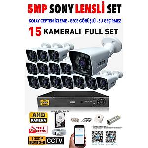 15 KAMERALI 5MP LENSL� 1080P FULLHD KAMERA SET� - GECE G�R��L� - SU GE��RMEZ - CEPTEN �ZLE