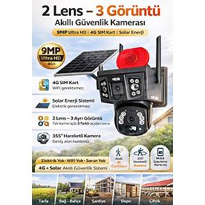 2 Lens 3 G�r�nt� 9MP 360 4G Solar G�ne� Enerjili Kamera - G�venlik Kameras� Dual Led Gece Renkli