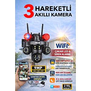 9MP Tam Hareketli 3 Kameral� WiFi G�venlik Kameras� - �akar LED -Sirenli - Hareket ve �nsan Alg�lama