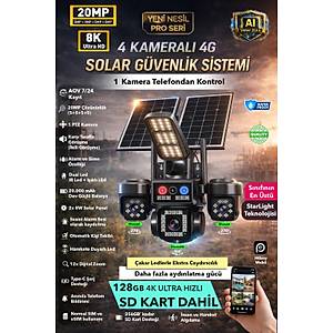 1 OTOMAT�K 4 KAMERA 20MP 8K 4G SOLAR G�NE� ENERJ�L� KAMERA - Y�KSEK I�IKLI �AKAR LED SD KART DAH�L