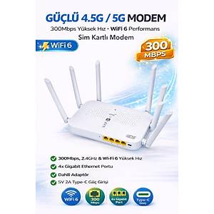 4G Sim Kartl� Modem - 2.4Ghz - WIFI6 Ba�lant� - 300Mpbs - 4xGigabit Port - 6xG��l� Anten