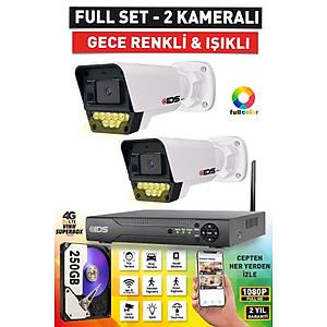2 KAMERALI FULLHD G�VENL�K KAMERASI SET� - RENKL� GECE G�R��L� 9 LED - CEPTEN �ZLE - 250GB