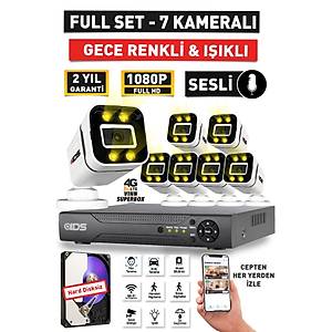 SESL� - 7 KAMERALI FULLHD GECE RENKL� VE I�IKLI G�VENL�K KAMERASI - KAMERA SET� HARD D�SKS�Z