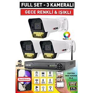 3 KAMERALI 9 LED RENKL� GECE G�R��L� FULLHD G�VENL�K KAMERASI SET� - CEPTEN �ZLE - NOHDD