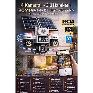 20MP 4 KAMERA 3 OTOMAT�K 8K G�NE� ENERJ�L� SOLAR 4G G�VENL�K KAMERASI - �AKAR LED S�REN Y�KSEK I�IK