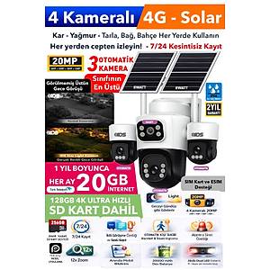  20MP 4 Kameral� 3 Otomatik  4G G�ne� Enerjili Solar G�venlik Kameras� 240GB �nternet 128GB SD Kart