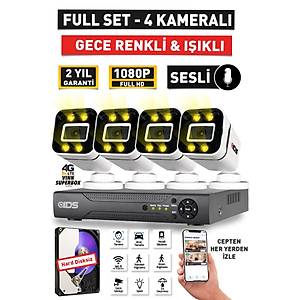 SESL� - 4 KAMERALI FULLHD GECE RENKL� VE I�IKLI G�VENL�K KAMERASI - KAMERA SET� HARD D�SKS�Z