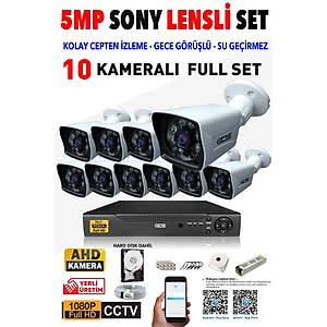 10 KAMERALI 5MP LENSL� 1080P FULLHD KAMERA SET� - GECE G�R��L� - SU GE��RMEZ - CEPTEN �ZLE