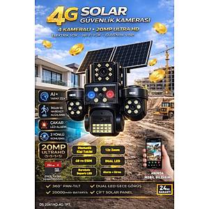 20MP Ultra HD 4 Lens Tam Kontrol G�ne� Enerjili Kamera Sim Kartl� Dual Led 12xZoom �akar Led Siren 