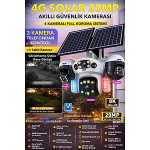 3 HAREKETL� 20MP 4 KAMERA 4G SOLAR G�NE� ENERJ�L� G�VENL�K KAMERASI - ANLIK B�LD�R�M - SESL� UYARI