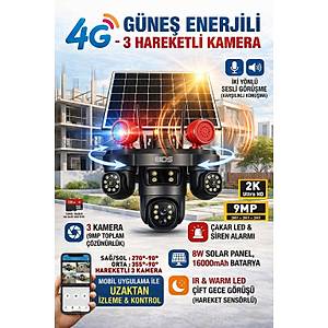 3 D�NEN KAMERA 9MP G�NE� ENERJ�L� KAMERA - SOLAR KAMERA - �AKAR LED - S�REN - HAREKET ALGILAMA