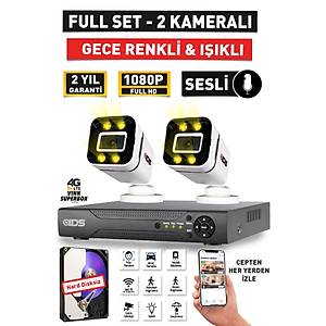 SESL� - 2 KAMERALI FULLHD GECE RENKL� VE I�IKLI G�VENL�K KAMERASI - KAMERA SET� HARD D�SKS�Z
