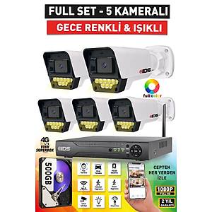 5 KAMERALI RENKL� GECE G�R��L� 5MP LENSL� FULLHD GECE G�R��L� 9 LED KAMERASI SET� - 500GB