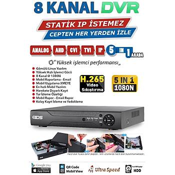 8 KANAL 1080N FULLHD H265 DVR KAYIT CHAZI KOLAY CEPTEN ZLE SABT P STEMEZ XMEYE MOBL