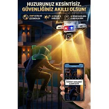 20MP 4 KAMERA 3 OTOMAT�K 8K G�NE� ENERJ�L� SOLAR 4G G�VENL�K KAMERASI - �AKAR LED S�REN Y�KSEK I�IK