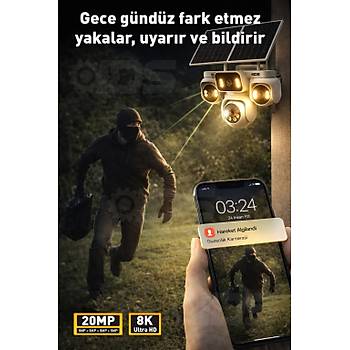 20MP 4 KAMERA 360 �ZLEME 4G G�NE� ENERJ�L� S�M KARTLI G�VENL�K KAMERASI - �NTERNET VE 128GB SD KART