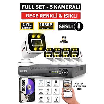 SESL� - 5 KAMERALI FULLHD GECE RENKL� VE I�IKLI G�VENL�K KAMERASI - KAMERA SET� 500GB D�SK
