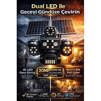 20MP Ultra HD 4 Lens Tam Kontrol G�ne� Enerjili Kamera Sim Kartl� Dual Led 12xZoom �akar Led Siren 
