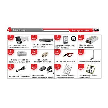 6 KAMERALI 5MP LENSL� FULLHD 1080P GECE G�R��L� G�VENL�K KAMERASI SET� 9 LED - 500GB