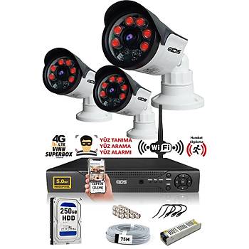 IDS - 3 Kameral 5MP SONY Lensli 1080P FullHD Gvenlik Kameras Sistemi - Cepten zle - 250D