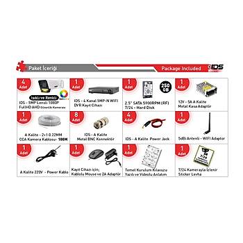 4 KAMERALI FULLHD 5MP LENSL� RENKL� GECE G�R��L� 9 LED G�VENL�K KAMERASI SET� - 250GB