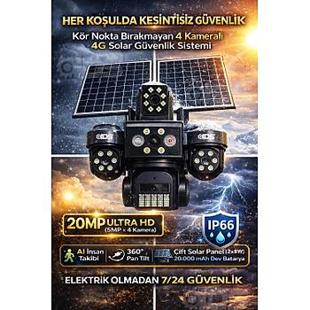 4 Lens 20MP Sim Kartl� G�ne� Enerjili G�venlik Kameras� 240GB �nternet ve 128GB SD Kart Hediye