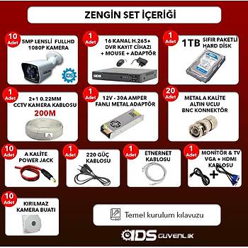 10 KAMERALI 5MP LENSL 1080P FULLHD KAMERA SET - GECE GRL - SU GERMEZ - CEPTEN ZLE