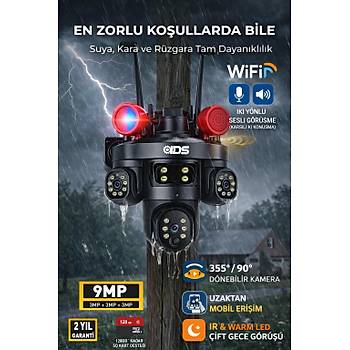 9MP Tam Hareketli 3 Kameral� WiFi G�venlik Kameras� - �akar LED -Sirenli - Hareket ve �nsan Alg�lama