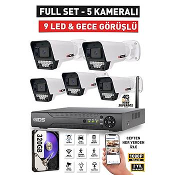 5 KAMERALI GECE G�R��L� 5MP LENSL� FULLHD GECE G�R��L� 9 LED KAMERASI SET� - 320GB