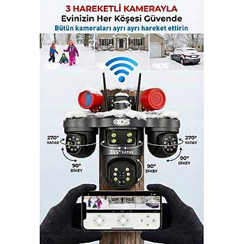 9MP Tam Hareketli 3 Kameral� WiFi G�venlik Kameras� - �akar LED -Sirenli - Hareket ve �nsan Alg�lama