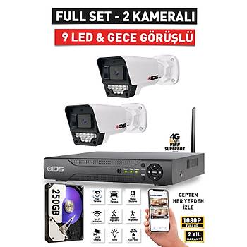 2 KAMERALI FULLHD G�VENL�K KAMERASI SET� - GECE G�R��L� 9 LED - CEPTEN �ZLE - 250GB