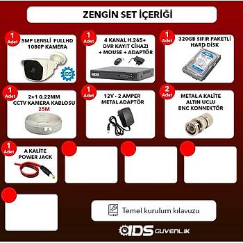 1 Kameral SET - 5MP Lensli Full HD Gece Grl Gvenlik Kameras Sistemi - Cepten zle