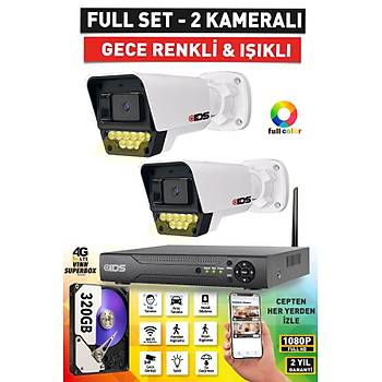 2 KAMERALI FULLHD G�VENL�K KAMERASI SET� - RENKL� GECE G�R��L� 9 LED - CEPTEN �ZLE - 320GB