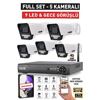 5 KAMERALI GECE G�R��L� 5MP LENSL� FULLHD GECE G�R��L� 9 LED KAMERASI SET� - HARD D�SKS�Z