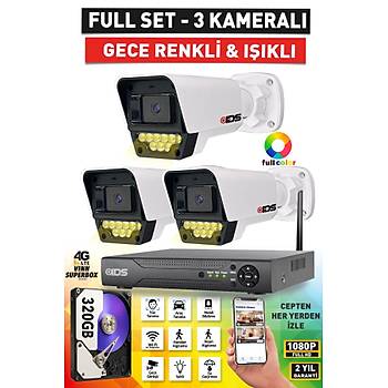 3 KAMERALI 9 LED RENKL� GECE G�R��L� FULLHD G�VENL�K KAMERASI SET� - CEPTEN �ZLE - 320GB