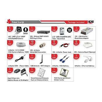 SESL� - 5 KAMERALI FULLHD GECE RENKL� VE I�IKLI G�VENL�K KAMERASI - KAMERA SET� 500GB D�SK