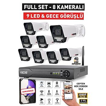 8 KAMERALI 5MP LENSL� 1080P FULLHD - GECE G�R��L� 9 LED G�VENL�K KAMERASI SET� - HARD D�SKS�Z
