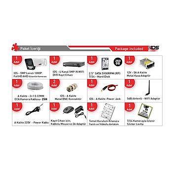 1 KAMERALI FULLHD 1080P 5MP LENSL� 9 LED GECE G�R��L� G�VENL�K KAMERASI SET� - 250GB