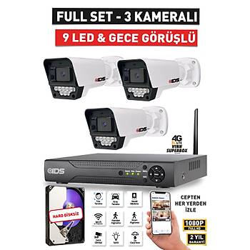 3 KAMERALI 9 LED GECE G�R��L� FULLHD G�VENL�K KAMERASI SET� - CEPTEN �ZLE - HARD D�SKS�Z