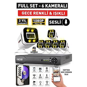 SESL� - 6 KAMERALI FULLHD GECE RENKL� VE I�IKLI G�VENL�K KAMERASI - KAMERA SET� 500GB D�SK