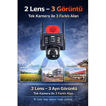 2 Lens 3 G�r�nt� 9MP 360 4G Solar G�ne� Enerjili Kamera - G�venlik Kameras� Dual Led Gece Renkli