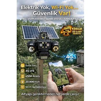 4 Lens 20MP Ultra HD Tam Kontrol Sim Kartl� G�ne� Enerjili Kamera 12xZoom �akar Led SD Kart Hediye
