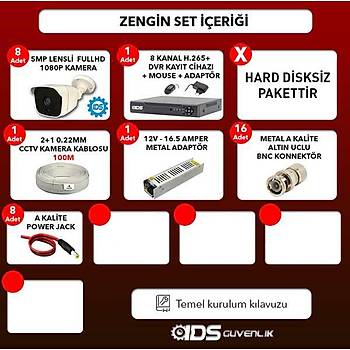 IDS - 8 Kameral 5MP Lensli 1080P FullHD Gvenlik Kameras Sistemi - Hard Disksiz