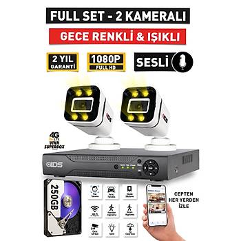 SESL� - 2 KAMERALI FULLHD GECE RENKL� VE I�IKLI G�VENL�K KAMERASI - KAMERA SET� 250GB D�SK