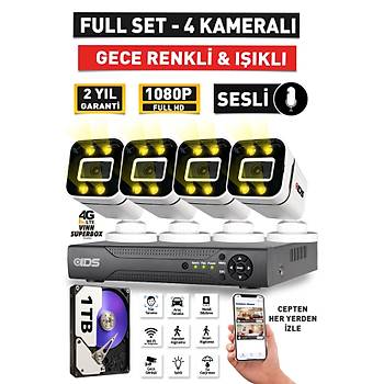 SESL� - 4 KAMERALI FULLHD GECE RENKL� VE I�IKLI G�VENL�K KAMERASI - KAMERA SET� 1TB D�SK