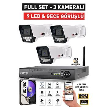 3 KAMERALI 9 LED GECE G�R��L� FULLHD G�VENL�K KAMERASI SET� - CEPTEN �ZLE - 250GB