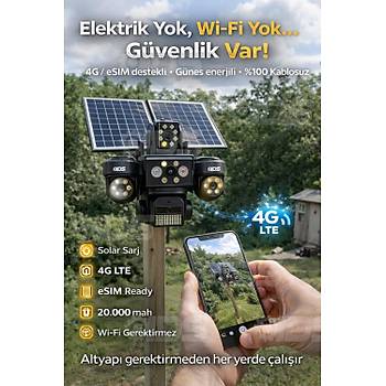 20MP Ultra HD 4 Lens Tam Kontrol G�ne� Enerjili Kamera Sim Kartl� Dual Led 12xZoom �akar Led Siren 